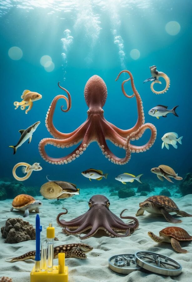 An octopus surrounded by 24 marine animals, each with a distinct scientific tool or discovery, in an underwater laboratory setting