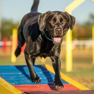Labrador Terrier engaged in positive reinforcement training and interactive play.