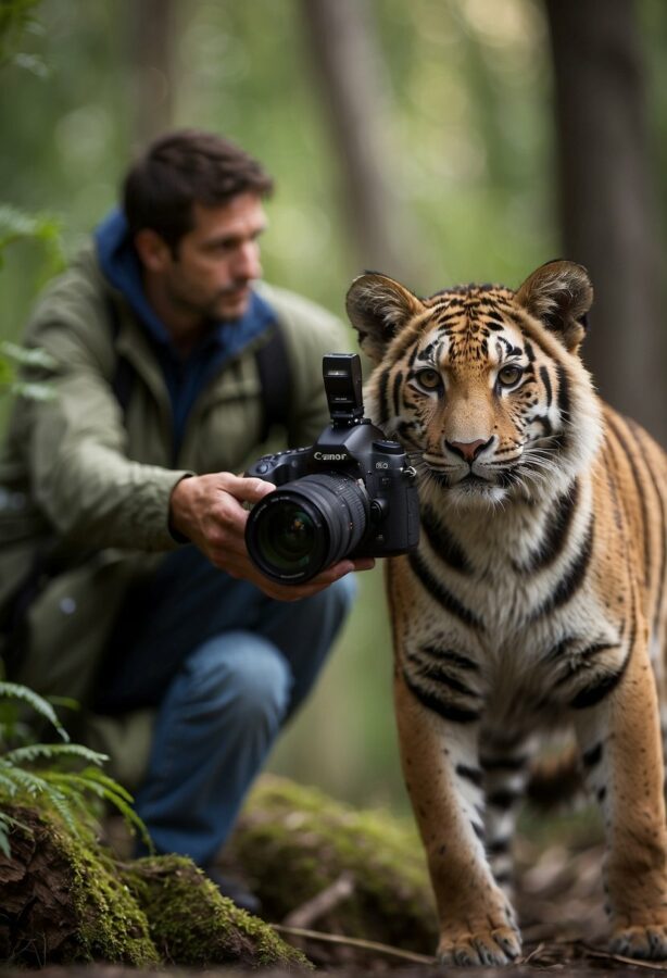 A man, blurred in the background, kneels while holding a DSLR camera