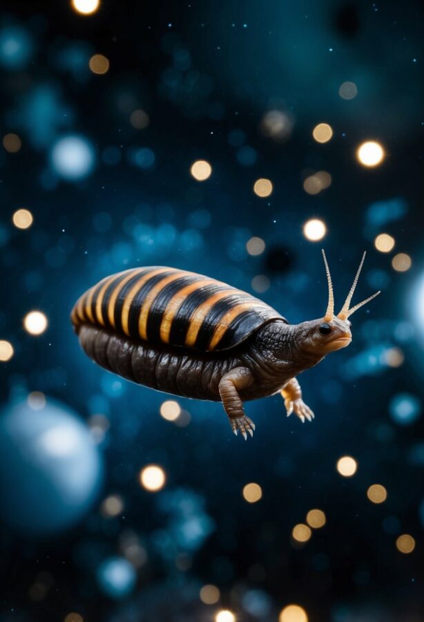 A tardigrade floats in space, surrounded by twinkling stars and cosmic debris, showcasing its incredible survival skills