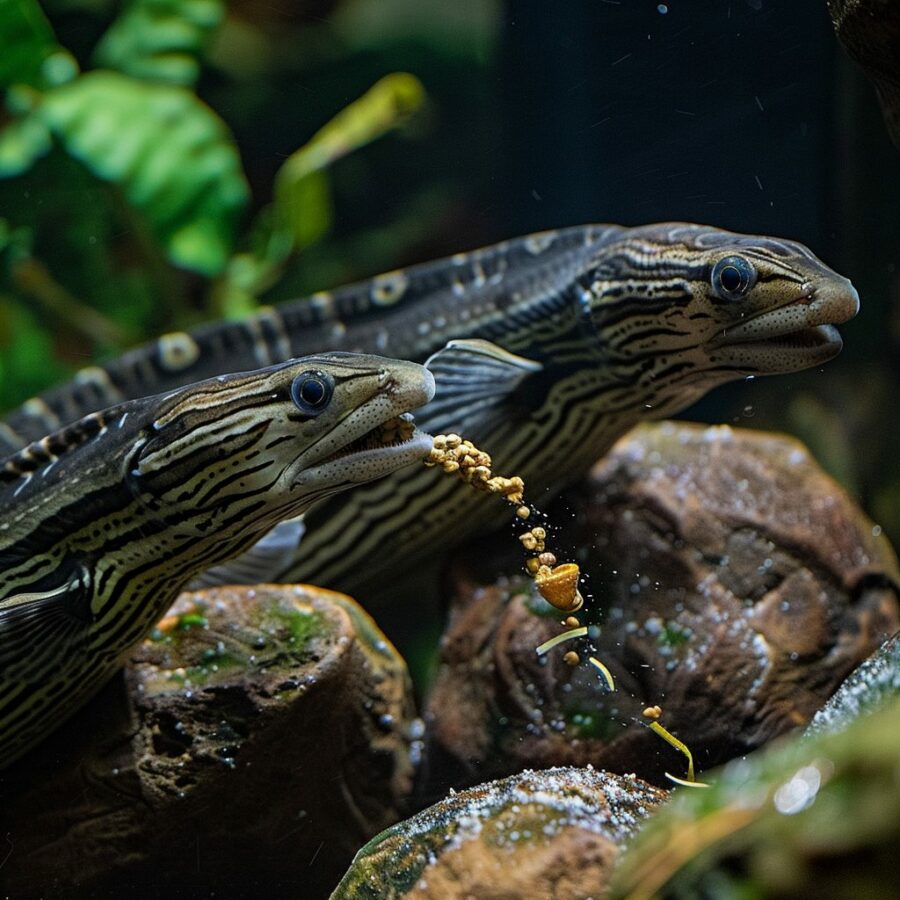 Zebra Eel displaying feeding behavior with preferred food types.