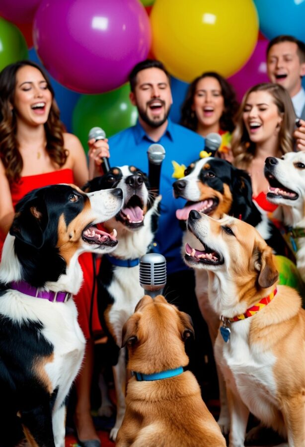 A group of dogs gather around a microphone, taking turns singing and howling in a festive, colorful party setting