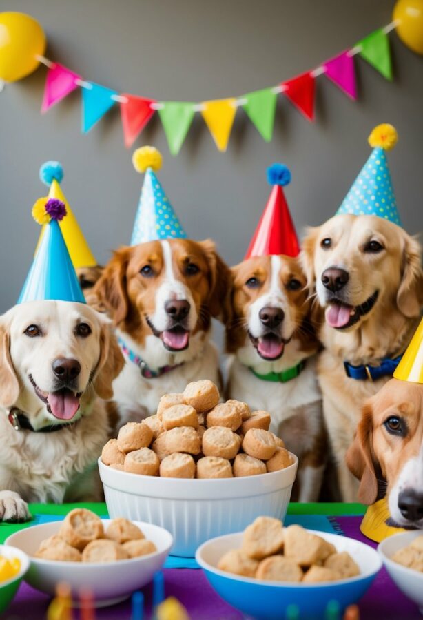 A group of dogs gather around a table filled with frozen peanut butter treats, celebrating a birthday with colorful decorations and party hats