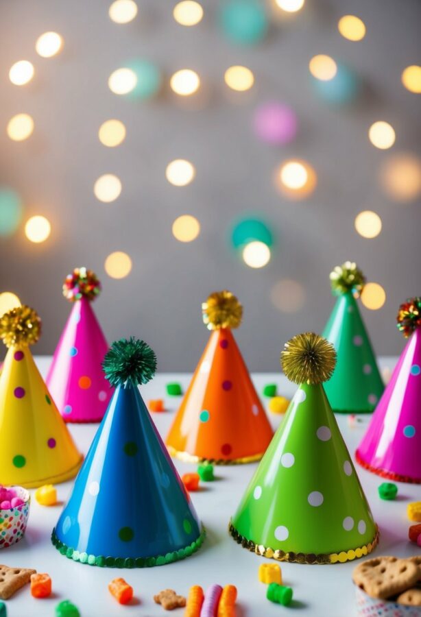A group of festive dog party hats arranged on a table with colorful craft supplies and treats scattered around