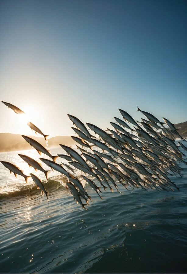 A group of flying fish soars above the ocean's surface against the backdrop of a setting sun, their silvery bodies glinting in the sunlight.