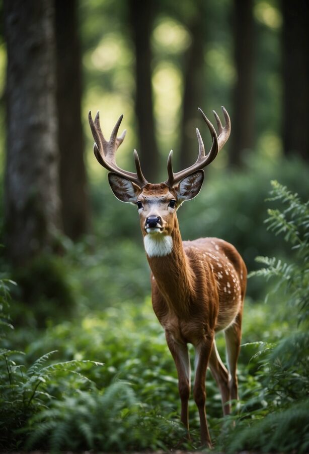 A deer standing in a serene forest clearing, surrounded by tall trees and dappled sunlight filtering through the foliage.