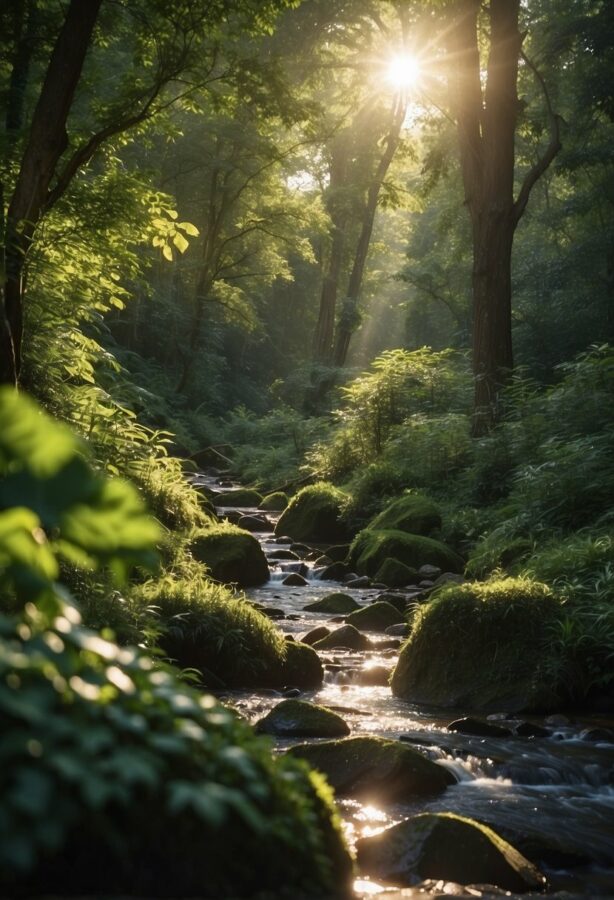 A tranquil stream flowing through a sun-dappled forest, with rays of light piercing through the canopy above.