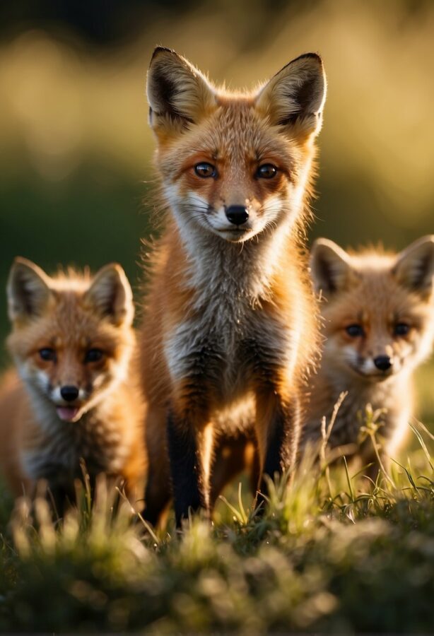 A litter of adorable fox kits, or cubs, playfully tumbling and pouncing on each other in a grassy clearing.