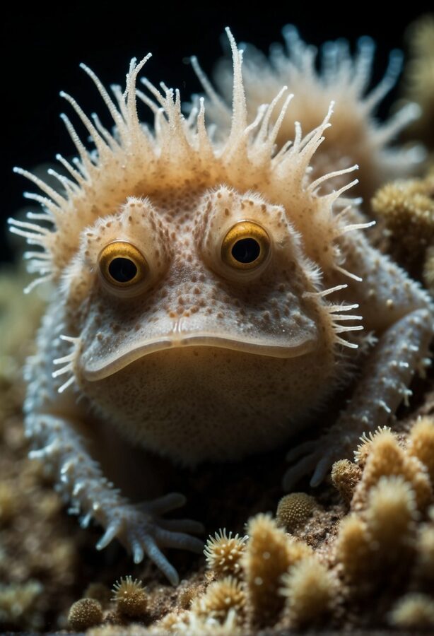 An intriguing frogfish camouflages amidst coral, its body textured and spiky, with bulbous, mesmerizing eyes staring directly at the camera.