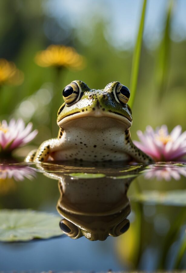 A close-up of a frog perched at the water's edge, its reflection visible in the still water, with lily pads and pink flowers surrounding it.