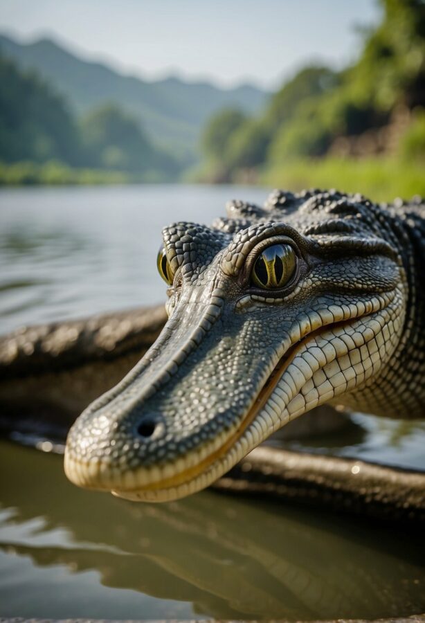 A gharial resting by a water body with lush green hills in the background.