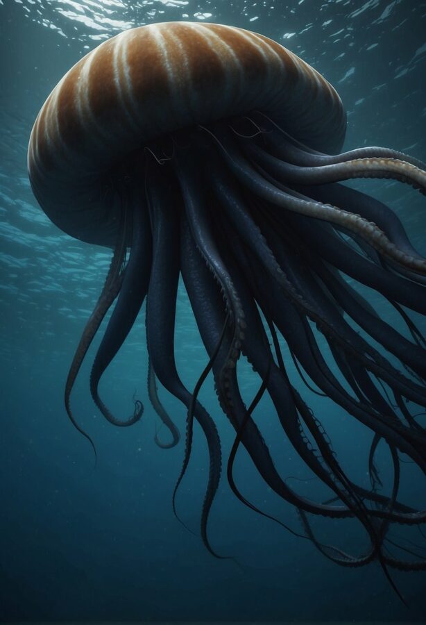 A giant squid extending its long tentacles in dark ocean waters.