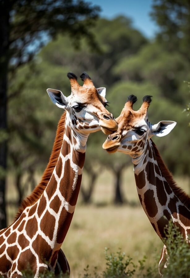 Two giraffe calves standing close together, their long necks stretched upwards, against a backdrop of tall trees.