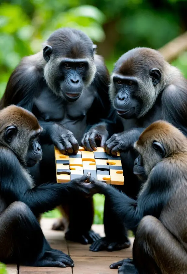 A group of bonobos solving a complex puzzle together, using their problem-solving abilities to collaborate and achieve a common goal