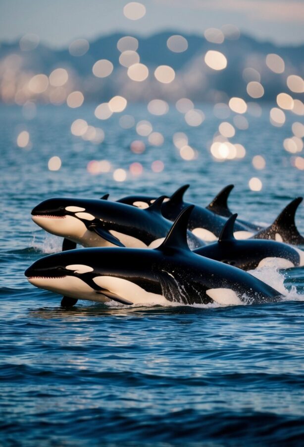 An orca family pod swims in a tight-knit formation, with adults leading and protecting the younger members. The group communicates through vocalizations and body language, displaying complex social structures