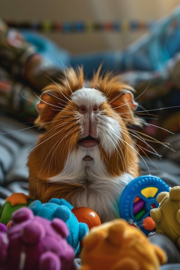 Grumpy guinea pig with toys	