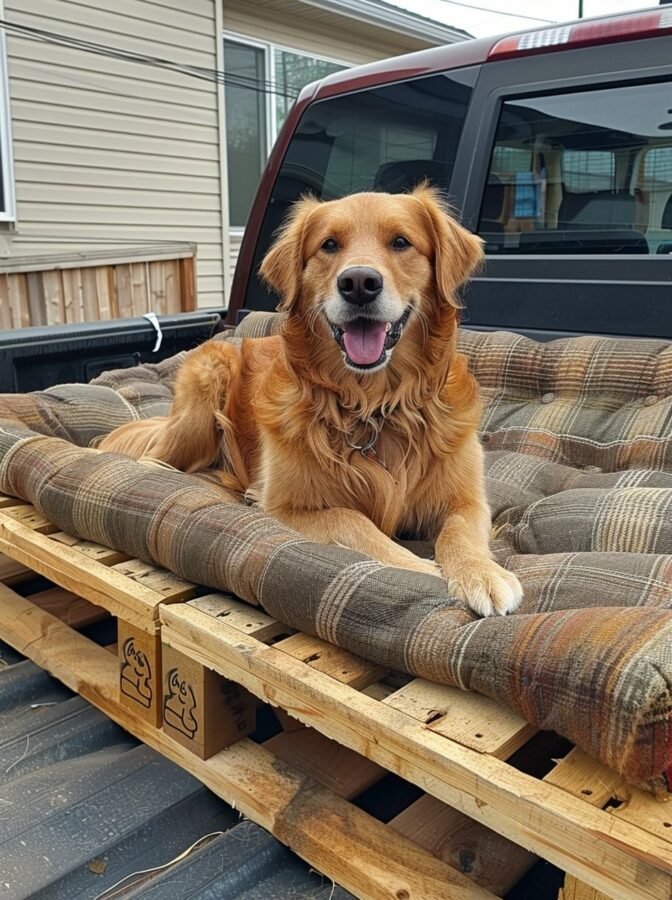 Golden retriever mix dog lounging on plaid cushion in truck bed.