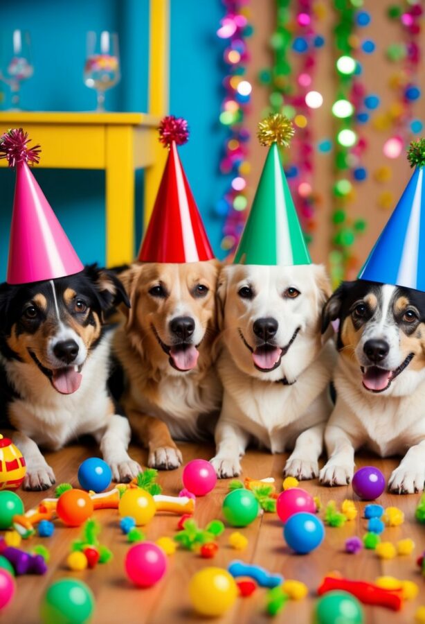 A group of dogs wearing party hats and playing with various toys and treats in a colorful, festive setting