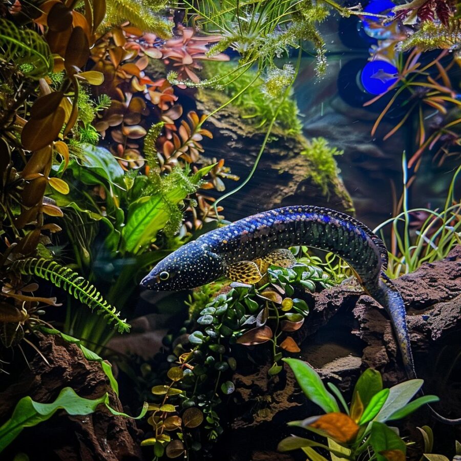 Peacock Eel in a harmonious tank setup with vibrant decorations and aquatic plants.