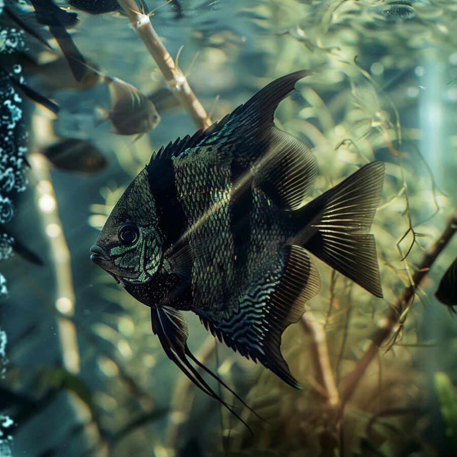 Split-screen of healthy black angelfish and care tips.
