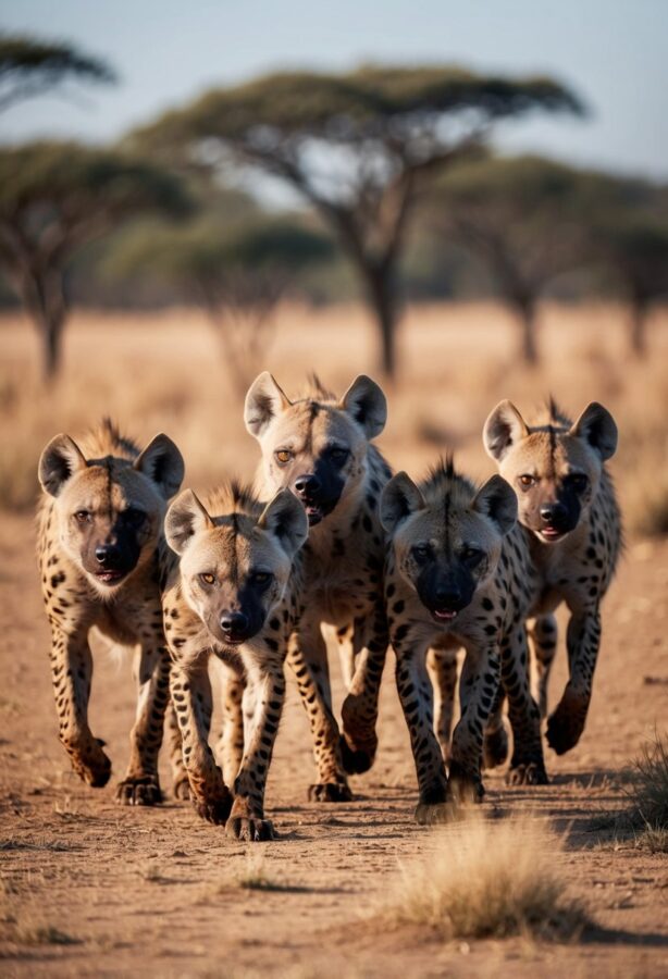Seven hyenas stalking through the savannah, their eyes fixed on their prey, ready to pounce as a pack