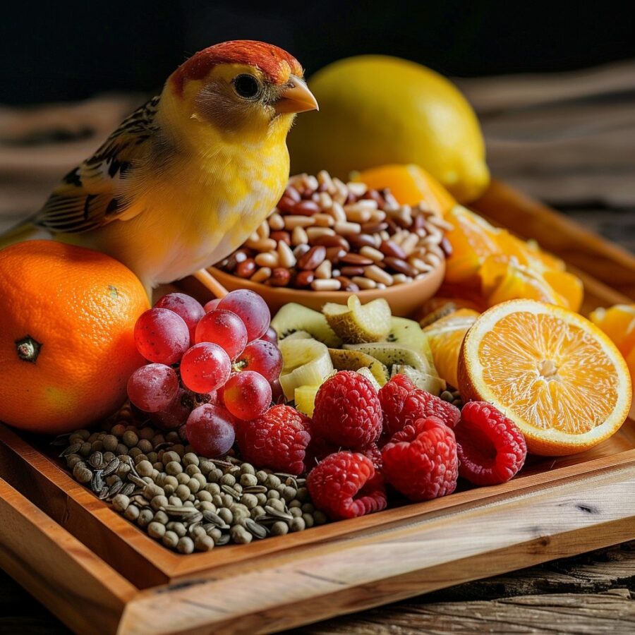 Array of fresh fruits, seeds, and pellets for Orange Canary nutrition