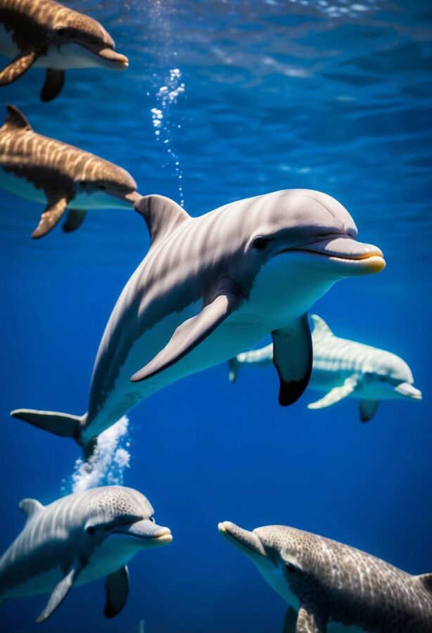 A wholphin swimming gracefully in the deep blue ocean, surrounded by other fascinating animal hybrids