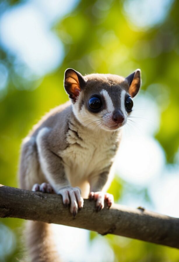 A sugar glider perched on a branch, with its large eyes and gliding membrane on display. Its bushy tail and soft fur are highlighted in the sunlight
