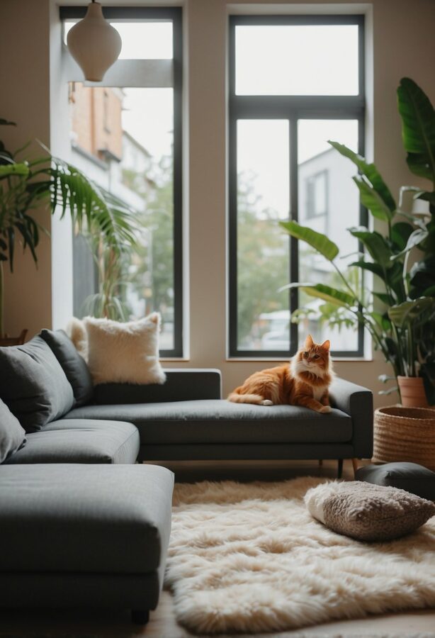 A cozy living room with a dog resting on a plush rug, a cat perched on a windowsill, and a fish swimming in a tank