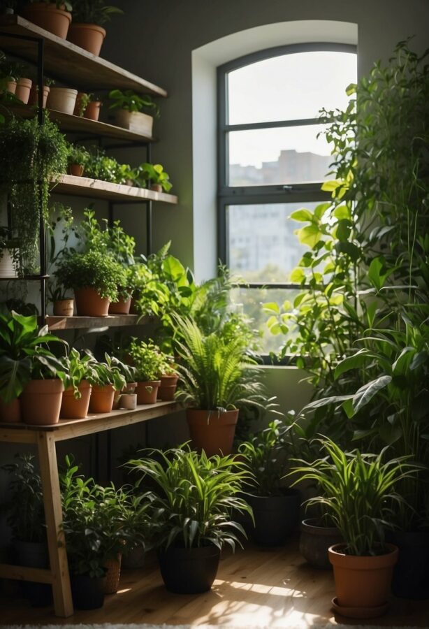 Lush green plants sit on high shelves, out of reach of curious non-toxic pets roaming freely in a sunlit room