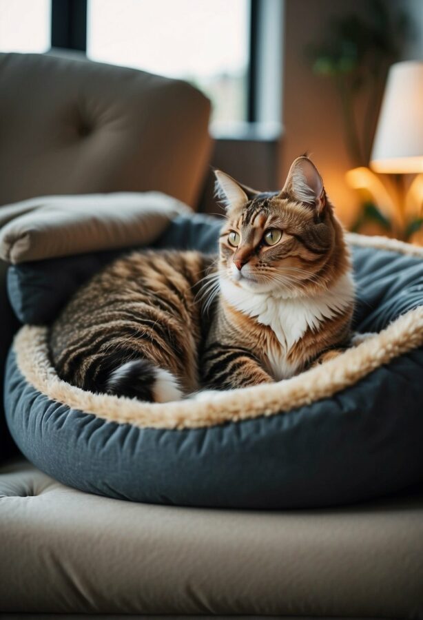 A cozy living room with a plush sofa, fluffy pillows, and a soft rug. A cat lounges on the armchair, while a dog rests on a cozy pet bed