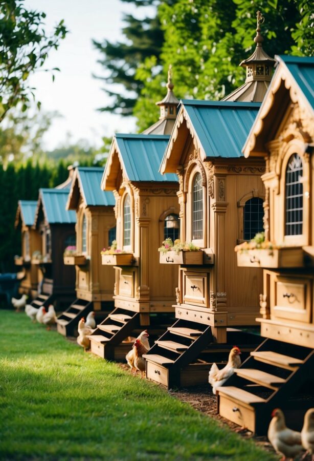15 Impressive DIY Chicken Coops That Will Make Your Backyard Chickens Feel Like Royalty 1 A row of elaborate chicken coops, each unique and impressive, nestled in a lush backyard garden. The coops are adorned with decorative details and provide a luxurious home for the resident chickens