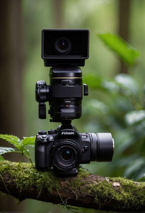 Wildlife Photography Camera: A professional camera with a large lens and an external screen attachment is perched on a moss-covered log