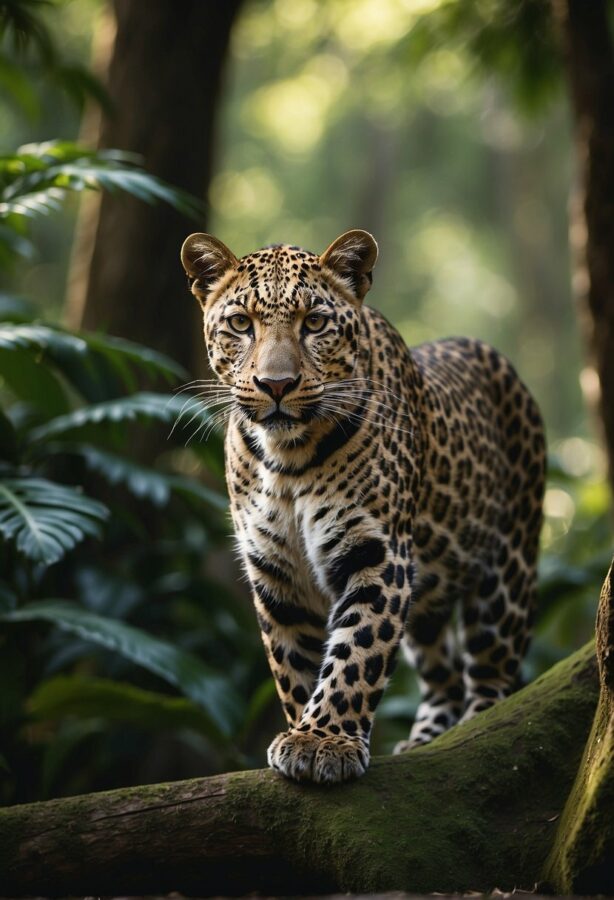 An Indian leopard poised on a tree branch in a dense forest.