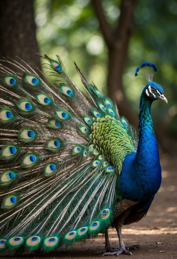 An Indian peafowl displays its splendid plumage, the iridescent blues and greens and the eye-spot patterns captivating against a natural backdrop.