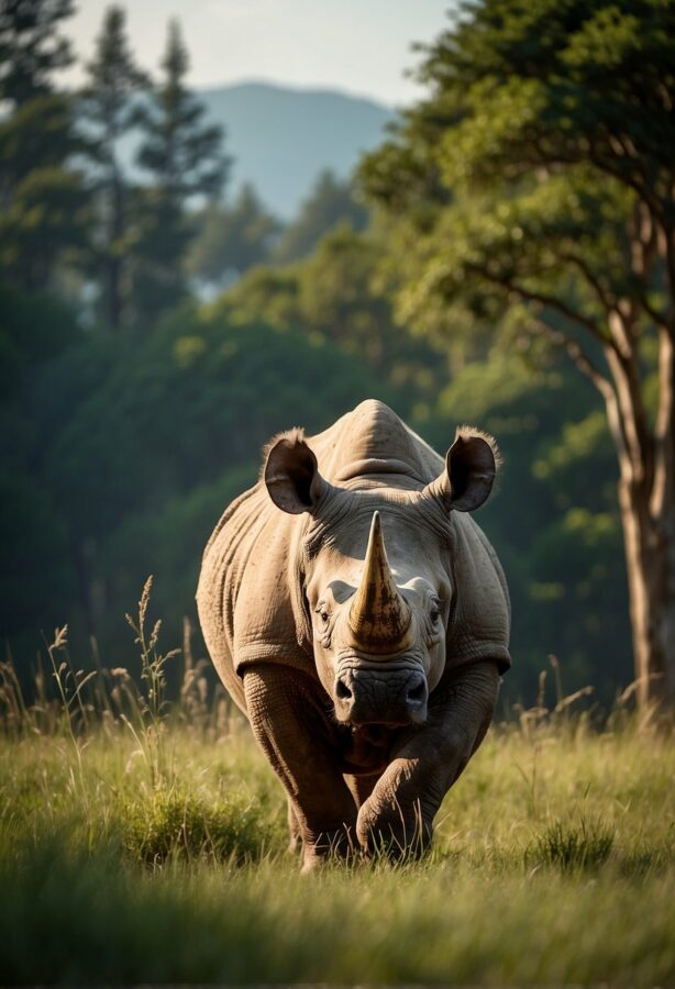 An Indian rhinoceros facing the camera head-on in a grassy field with trees and hills behind.