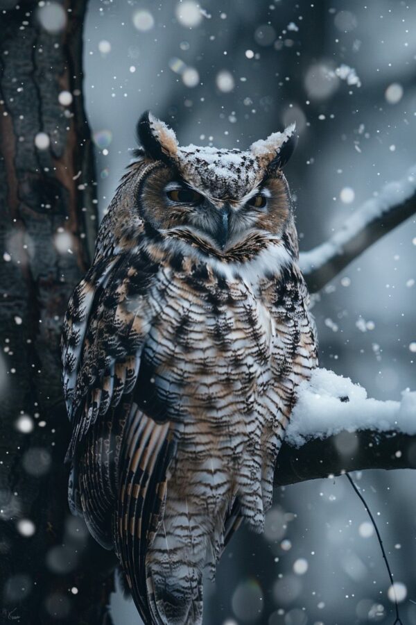 Owl with fluffed feathers in a snowy tree	