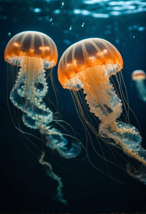 Ocean animals photos: A bright jellyfish glowing under the sea with translucent tentacles.