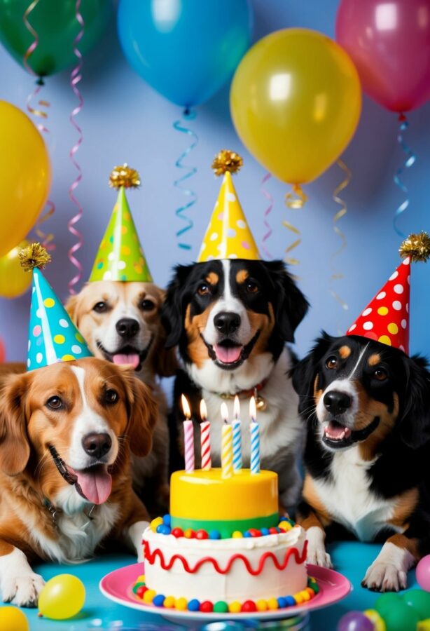 A group of dogs wearing party hats play in a colorful, festive setting with balloons, streamers, and a birthday cake