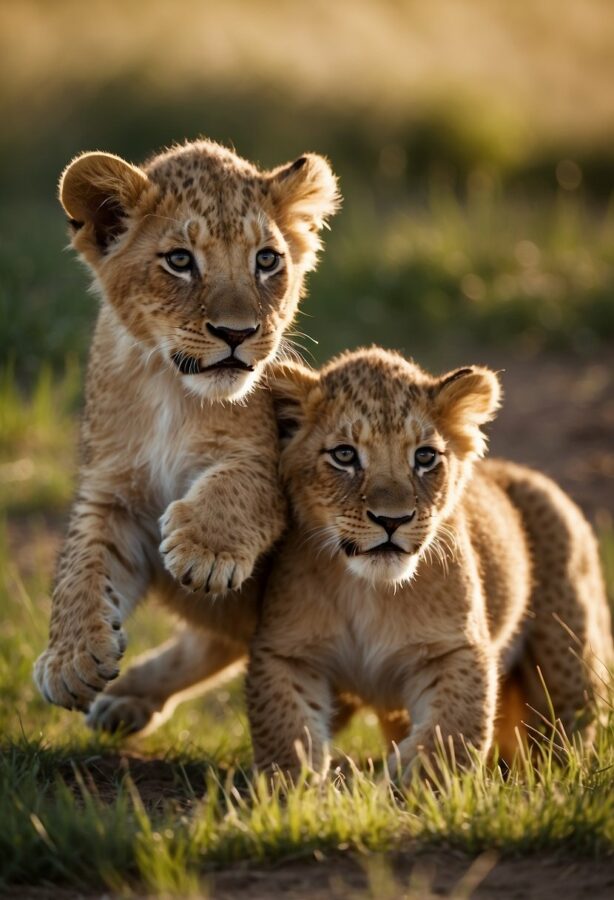 A trio of lion cubs, their fluffy coats tinged with golden hues, playfully wrestling with each other in the grasslands.