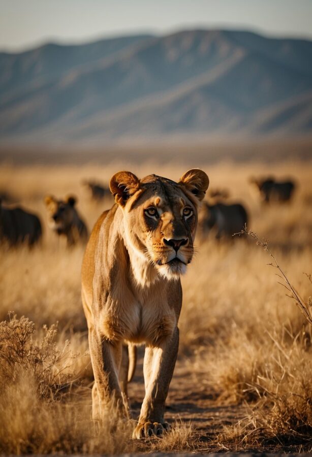 A lioness walking purposefully towards the camera on a dirt path with a soft golden sunset light illuminating her fur.
