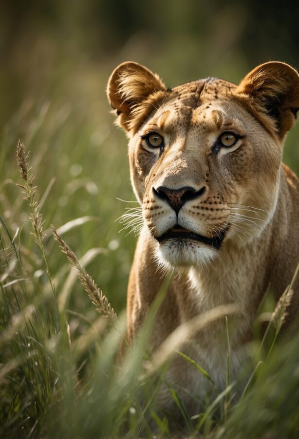 A close-up of a lioness looking directly at the camera with a focused gaze