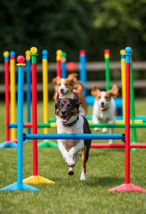 A group of dogs navigate through a colorful agility course at a birthday party, jumping over hurdles and weaving through poles