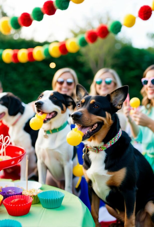 A group of dogs wearing party hats play in a colorful, festive setting with balloons, streamers, and a birthday cake