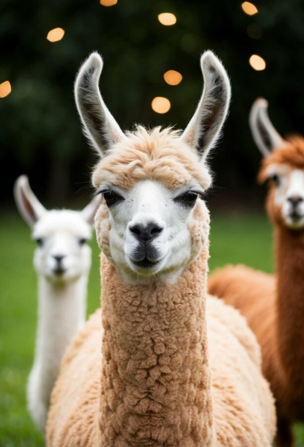 Three llamas standing in a lush green field, exuding charm and serenity.