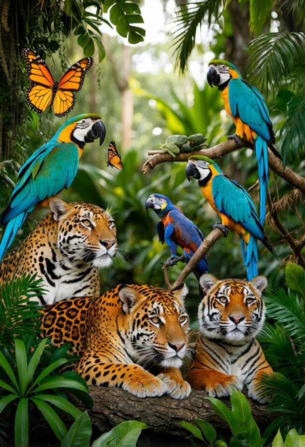 A colorful jungle scene with a variety of Mexican wildlife, including jaguars, macaws, iguanas, and monarch butterflies