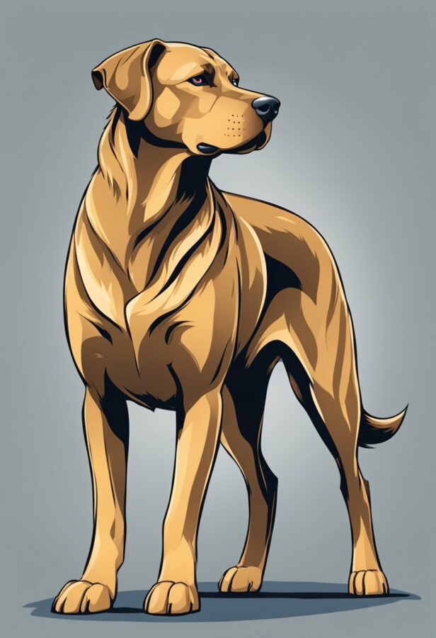 A stylized illustration of a noble-looking dog in golden tones