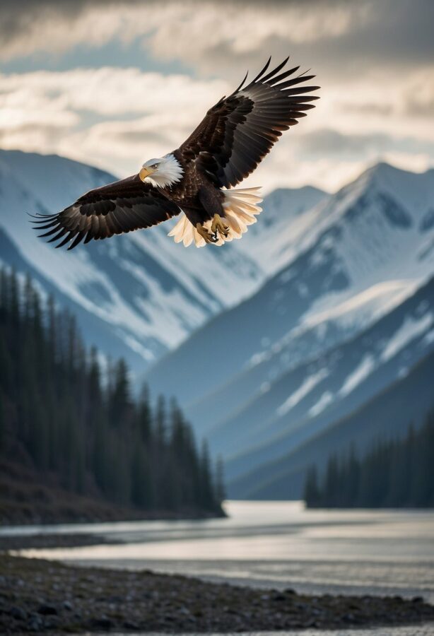 Majestic eagles soar through the Alaskan skies, their wings outstretched as they hunt for prey among the snow-capped mountains and icy rivers below