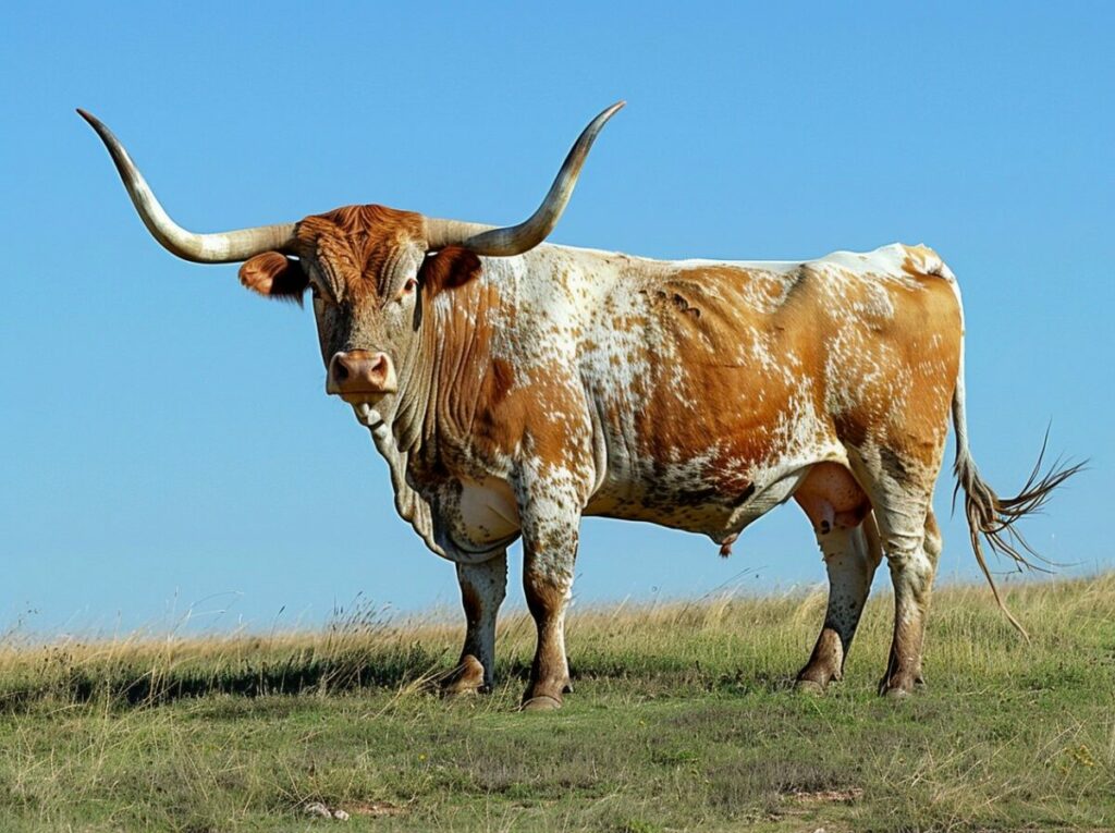 Majestic Texas Longhorn cow grazing in a scenic field.
