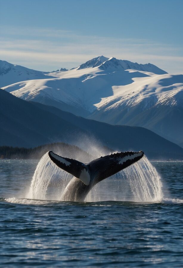 Majestic whales breach icy Alaskan waters, flukes glistening in the cold sunlight. Snow-capped mountains provide a stunning backdrop to the peaceful scene